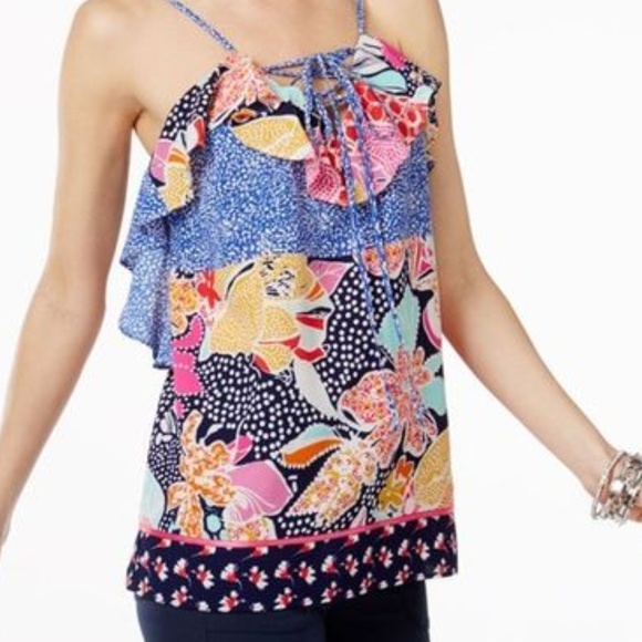 NY Collection Mixed-Print Lace-Up Tank Top - Picture 1 of 7